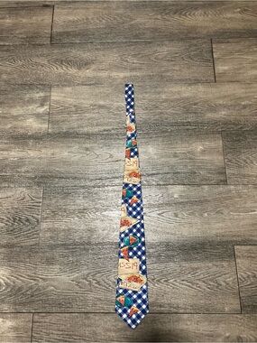 Vintage Save the Children Silk Tie - Blue Gingham Pizza Art by Caitlin (1997)